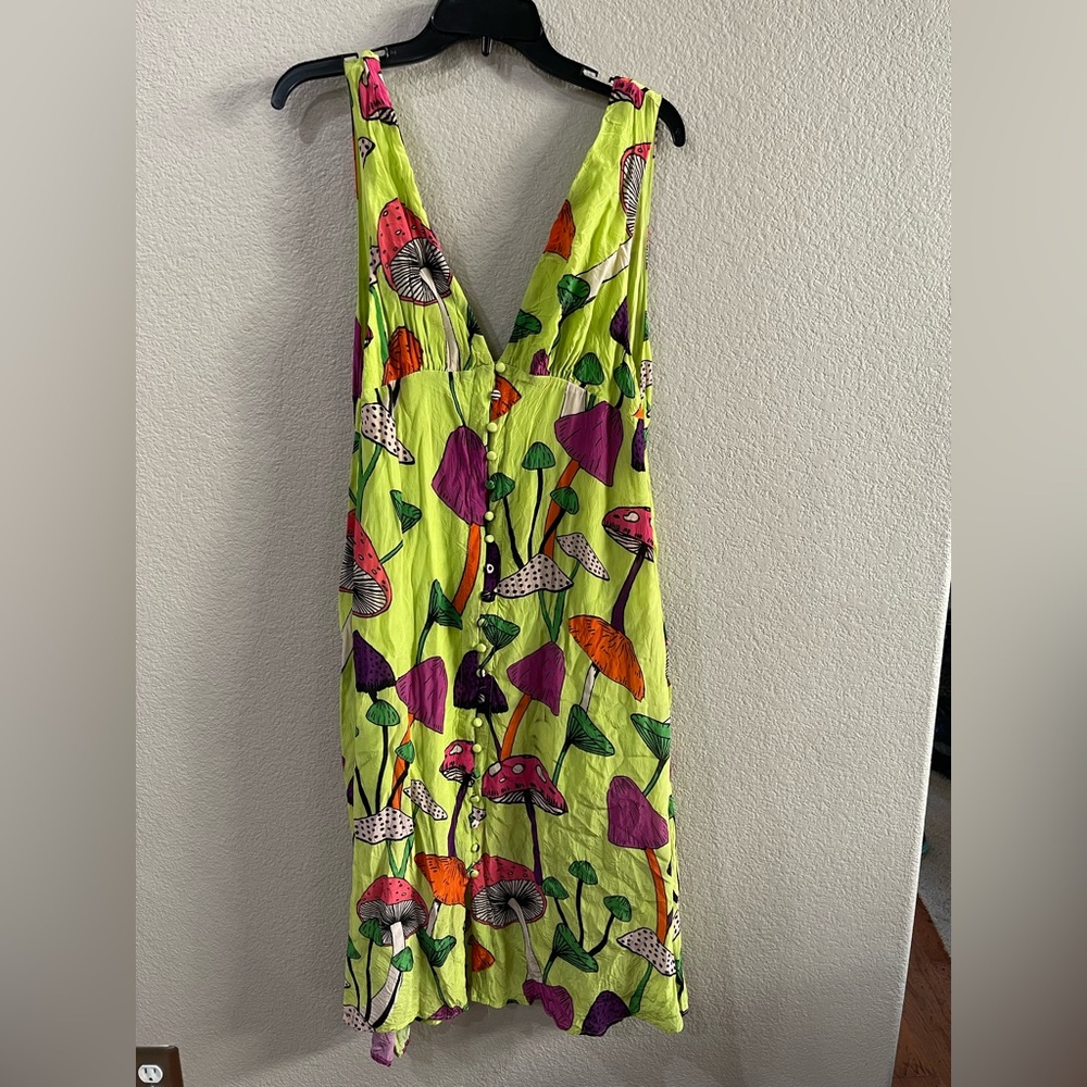 FARM Rio Neon Lime Mushroom Print Dress with Purple, Orange & Pink Accents